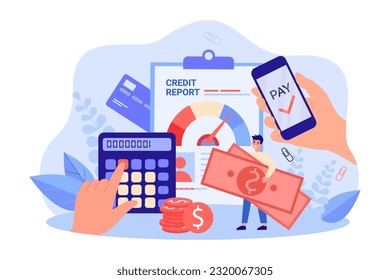 Hands of people counting expenses or paying via phone. Credit report, credit card, tiny happy man holding huge banknotes vector illustration. Financial management, economy, wealth concept