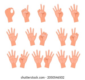 Hands Of People Counting Vector Illustrations Set. Drawings Of Cartoon Person Showing Numerals Using Or Bending Number Of Fingers Isolated On White Background. Gestures, Education Concept