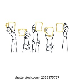Hands people different arms raised up holding coffee cup or tea mug. Vector hand drawn sketch line art illustration