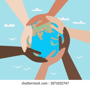 Hands Of People With Different Colors Of Skin, Holding The Planet Earth. Concept Of Protection Of Peace And Life, Equality Of Race And Tolerance. Intercultural Relations And Political Commutation