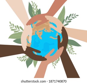 Hands Of People With Different Colors Of Skin, Holding The Planet Earth. Concept Of Protection Of Peace And Life, Equality Of Race And Tolerance. Intercultural Relations And Political Commutation