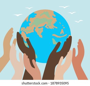 Hands Of People With Different Colors Of Skin, Holding The Planet Earth. Concept Of Protection Of Peace And Life, Equality Of Race And Tolerance. Intercultural Relations And Political Commutation