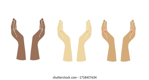 Hands of people of different nationalities. European, black man hands. Prayer, appeal to God. Stock vector illustration 01