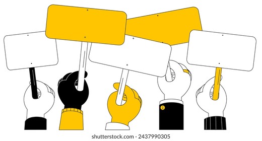 Hands of people of different nationalities hold signs with space for your text. Horizontal banner template to attract attention with space for text.