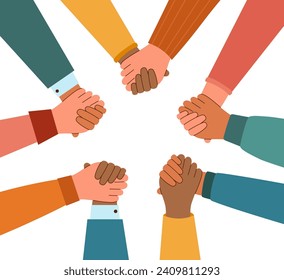 Hands of people of different nationalities holding each other. The concept of friendship and equality. Teamwork concept.