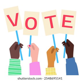 Hands of people of different nationalities holding voting signs. Male and female hands of different cultures and peoples. Hands raised up vote. Flat style. Vector illustration.