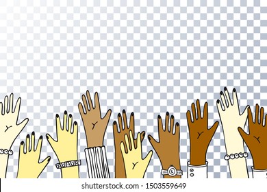 Hands of people of different nationalities. Peace between all people. Asians, Africans, Europeans, blacks. Hand drawn hands raised up on a transparent background. Panorama vector 