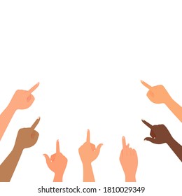 The hands of people of different nationalities point in the same direction towards the center of the background. Concept: blame, pay attention, show, direction. Vector illustration isolated.
