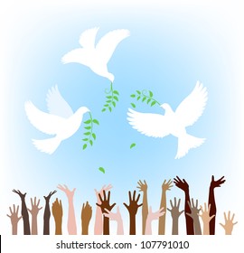 Hands of people of different nationalities and silhouettes of the doves bearing an olive branch