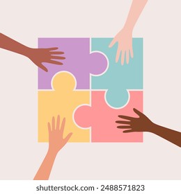 Hands of people of different nationalities and skin tones putting together colorful puzzle pieces. Vector illustration in flat style