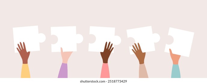 Hands of people of different nationalities and skin tones holding up white puzzle pieces. Flat vector illustration