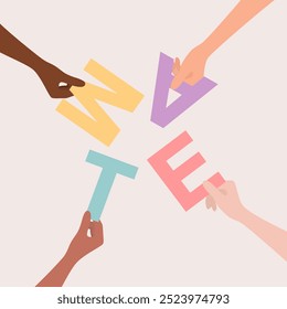 Hands of people of different nationalities and skin tones holding multicolored letters forming the word team, top view. Flat vector illustration