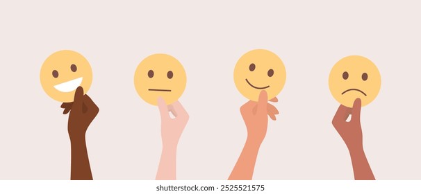 Hands of people of different nationalities and skin tones holding different emojis. Flat vector illustration