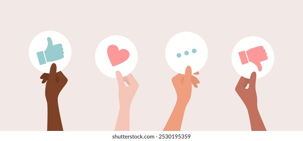 Hands of people of different nationalities and skin tones holding up like, dislike, heart and ellipsis signs, flat vector illustration