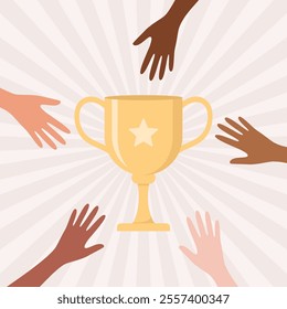 Hands of people of different nationalities and skin tones reaching out for golden trophy cup with radial rays on a beige background, flat vector illustration
