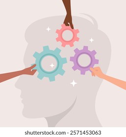 Hands of people of different nationalities and skin tones putting colorful gears in the head of a large male silhouette, flat vector illustration 