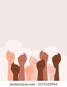 Hands of people of different nationalities and skin tones raised up and clenched into a fists on a beige background with copy space, flat vector illustration