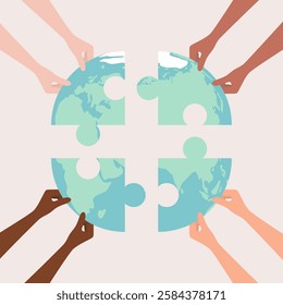 Hands of people of different nationalities and skin tones putting together Earth globe puzzle pieces