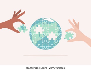 Hands of people of different nationalities and skin tones putting together missing puzzle pieces in the Earth globe. Flat vector illustration