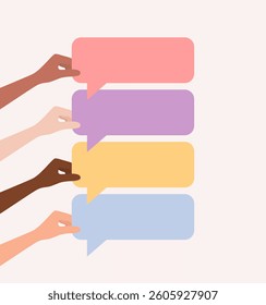 Hands of people of different nationalities and skin tones holding colorful speech bubbles. Flat vector illustration