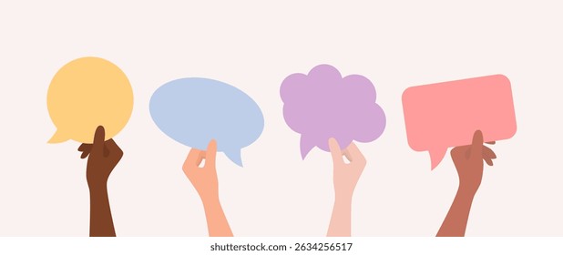 Hands of people of different nationalities and skin tones holding colored speech bubbles of various shapes. Flat vector illustration