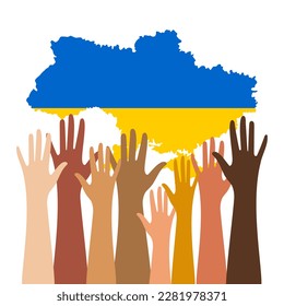 The hands of people of different nationalities support Ukraine. Map of Ukraine in national flan colors on a white background. Vector.