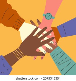 Hands of people of different nationalities together top view. Diversity concept. Vector stock illustration in flat style. 