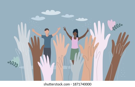 the hands of people of different nationalities. A united community of people of skin color. Cultural and ethnic diversity. the concept of friendship and peace between peoples