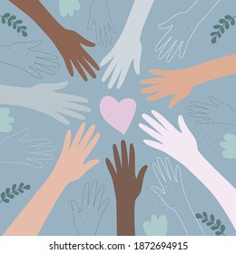 the hands of people of different nationalities. A united community of people of skin color. Cultural and ethnic diversity. the concept of friendship and peace between peoples