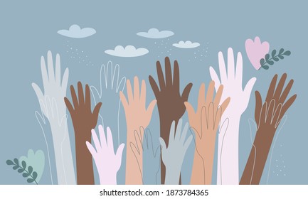 the hands of people of different nationalities. A united community of people of skin color. Cultural and ethnic diversity. the concept of friendship and peace between peoples