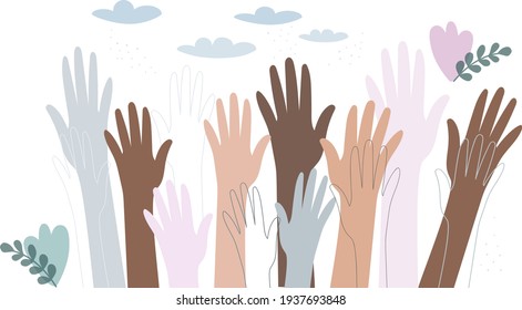 the hands of people of different nationalities. A united community of people of skin color. Cultural and ethnic diversity. the concept of friendship and peace between peoples.vector illustration.