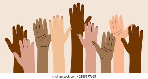 the hands of people of different nationalities. A united community of people of skin color. Cultural and ethnic diversity. Protest and strike. Fighting for your rights. vector illustration