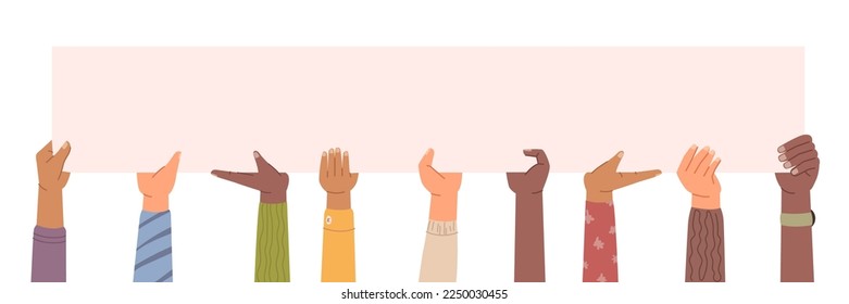 Hands of people of different races holding empty banner with copy space. Advertisement or announcement, blank long paper for text. Vector in flat style