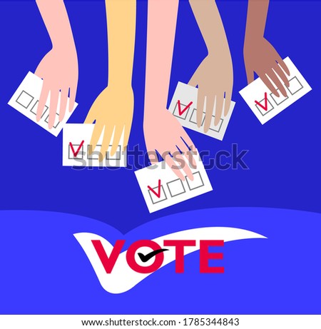 The hands of people of different races are holding ballots. The position is freedom of choice. Flat stock vector illustration