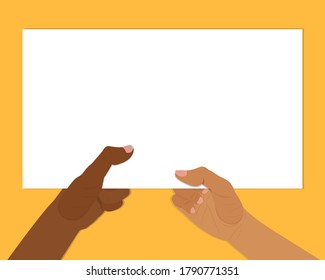 Hands of people of different races and nationalities holding a blank banner. Banner with place for your text. Background for your advertisements, announcements, messages.