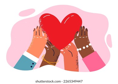 Hands people of different races and nationalities reach for heart symbolizing mercy and charity. Metaphor of national diversity and ethnic tolerance between volunteers who want to do charity 