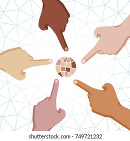 Hands of People of Different Races with Pointing Finger Showing Correct Direction and Hidden Thumb Flat Graphic Design - Different Skin Color on Polygonal Background - Vector Infographic Illustration