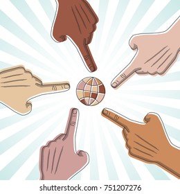 Hands of People of Different Races with Pointing Finger Showing Correct Direction or Way and Hidden Thumb Colored Technical Sketch - Skin Colors on Rays Sunburst Background - Vector Graphic Design