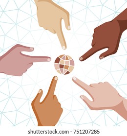 Hands of People of Different Races with Pointing Finger Pushing Touching or Showing Some Object Flat Graphic Design - Various Skin Color on White Polygonal Background - Vector Infographic Illustration
