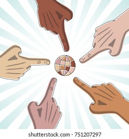 Hands of People of Different Races with Pointing Finger and Hidden Thumb Touching or Showing Some Object Colored Technical Sketch - Skin Colors on Rays Sunburst Background - Vector Graphic Design