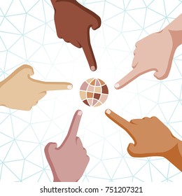 Hands of People of Different Races with Pointing Finger and Hidden Thumb Touching or Showing Some Object Flat Graphic Design - Skin Colors on Polygonal Background - Vector Infographic Illustration