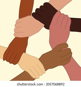 Hands of People with Different Skin Colors Holding Each Other Wrist. Flat Vector Illustration.