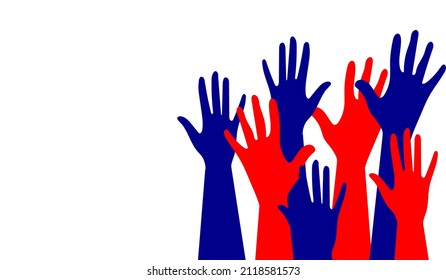 Hands of people with different skin colors, different nationalities and religions. Activists, feminists and other communities fight for equality. White background with copy space. Vector.