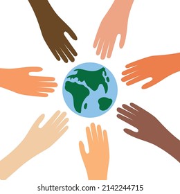 The hands of people of different skin colors are drawn to the planet Earth. vector illustration