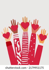 The hands of people with different skin colors, different nationalities and religions hold a red heart. Vertical banner with charity concept. Vector.