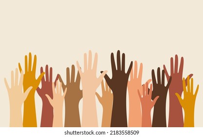 Hands of people with different skin colors, different nationalities and religions. Activists, feminists and other communities fight for equality. Horizontal background with copy space. Vector.