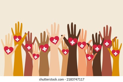 Hands of people with different skin colors, different nationalities and religions. Activists, feminists and other communities fight for equality. Horizontal background with copy space. Vector.