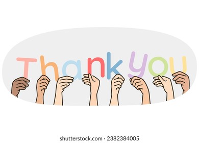 Hands of people with different skin colors hold letters forming phrase Thank you. Multicultural arms, palms making lettering about gratitude, appreciation. Vector minimalistic modern isolated design.