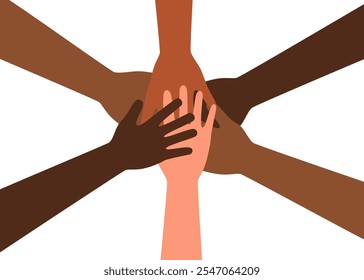 Hands of people of different skin tones. The concept of friendship, peace, equality, racial diversity, inclusivity. Teamwork concept.