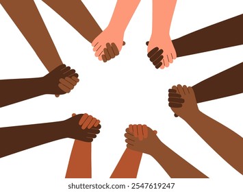 Hands of people of different skin tones holding each other. The concept of friendship, peace, equality, racial diversity, inclusivity. Teamwork concept.